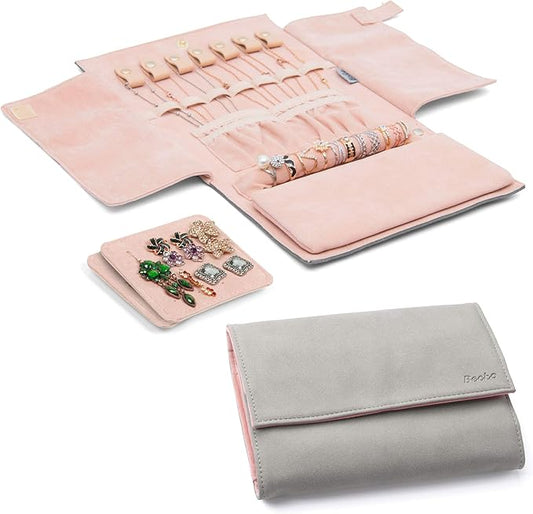 Becko US Jewelry Organizer Roll Travel Jewel Bag case for Multiple Necklaces, Rings, Bracelets, Supple Leather & Suede, Large Capacity Without Crease, Lightweight, Portable & Practical (Gray)