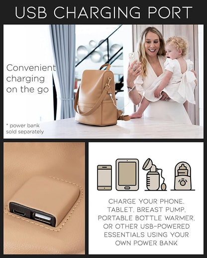MIA + SOPHIA Leather Diaper Bag Backpack with USB Charging port, Changing Pad, Stroller Straps, and Bottle Holder (Brown Mia)