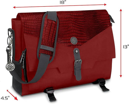 ENHANCE Collector's Edition RPG Player's Essentials DND Bag - Dragon Hide Exterior Messenger Bag Fits 2-4 Books, Binders, Dice & Accessories, with 17 inch Laptop Slot, Battlemap Straps (Dragon Red)