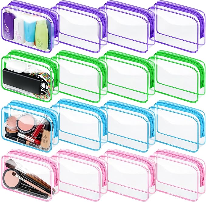 16 Packs Clear Makeup Bag Bulk, Waterproof Cosmetic Storage Bags, TSA Approved Toiletry Bags PVC Zipper Plastic Pouches for Organizing Travel Bathroom