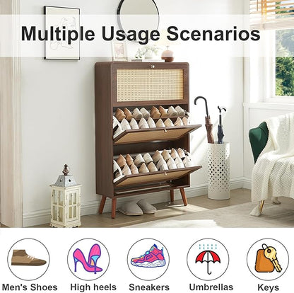 Rattan Shoe Cabinet with 3 Flip Drawers, 48 Pairs Narrow Shoe Storage Cabinet for Entryway Freestanding Hidden Shoe Rack, Modern Slim Wood Shoe Organizer for Hallway, Walnut