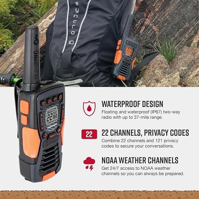 Cobra ACXT1035R FLT Floating and Waterproof Walkie Talkies for Adults & Compatible Cobra Surveillance Headset: Rechargeable, 22 Channels, Long-Range, 2 Two-Way Radios, 2 Headsets, Black/Orange
