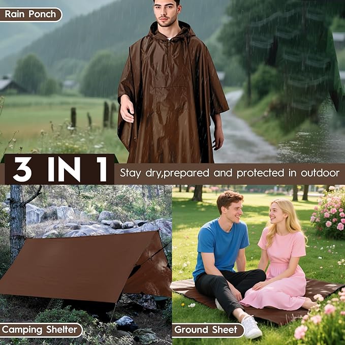 Bruvoalon 3-in-1 Rain Poncho with 1/4 Zip & Chest Pocket, Waterproof, Sunshade, Ground Mat for Adults & Youth Emergency