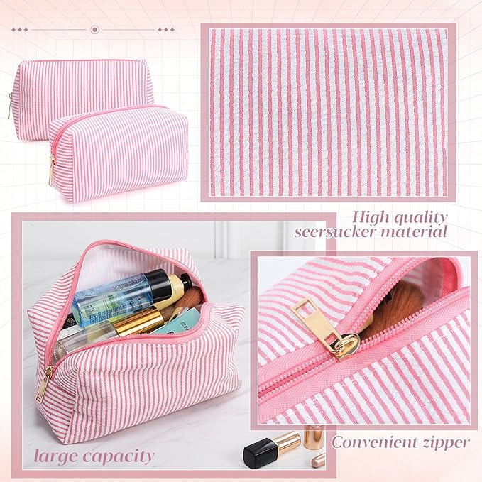 Sanwuta 6 Pcs Seersucker Cosmetic Bags Bulk Seersucker Makeup Bags Stripe Women Pouch Large Preppy Storage Pouch Toiletry Travel Organizer for Wedding Bridesmaid Bride Favor Mom Gift (Pink)