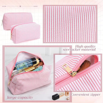 Sanwuta 6 Pcs Seersucker Cosmetic Bags Bulk Seersucker Makeup Bags Stripe Women Pouch Large Preppy Storage Pouch Toiletry Travel Organizer for Wedding Bridesmaid Bride Favor Mom Gift (Pink)