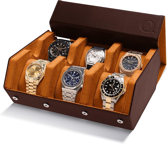 QWATCHBANDS Napa Leather Watch Case for Men - Watch Roll Storage Organizer & Watch Display - Six Slot Luxury Watch Box for Home or Travel - Mens 6 Watch Holder Case (Brown Tan)