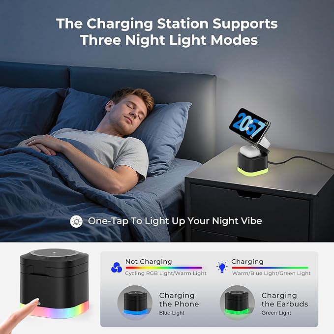 5 in 1 Magnetic Wireless Charger Stand with Night Light, Foldable Wireless Charging Station Built-in Retractable Cable, Travel Wireless Charger for iPhone 17/16/15/14/13/12, Apple Watch, AirPods Pro 3
