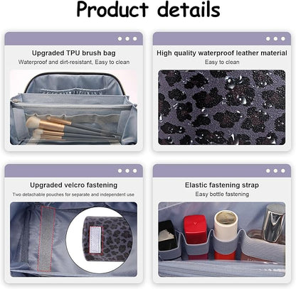 BOYATU Travel Makeup Bag for Women: 3 Pcs Set Portable Make up Bags with Handle - Leopard Print Cosmetic Bags with Comparments - Waterproof Vegan Leather Toiletry Bag (A-1-Purple)