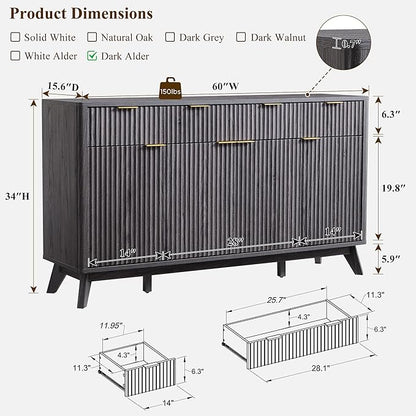 OKD Fluted Storage Cabinet with Drawers, 60" Morden Buffet Sideboard Coffee Bar Cabinet with 4 Doors and 3 Drawers for Dining Room, Living Room,Hallway (Dark Alder)