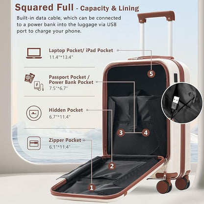 Merax Luggage Sets 3 Piece,Front Open Hardshell Expandable Suitcase with Spinner Wheels and Duffel Bags,Lightweight Carry on Luggage with USB Port,20/24IN,White and Brown