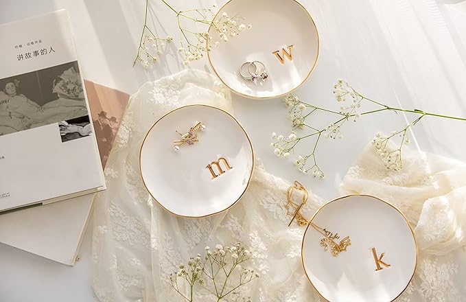 COLLECTIVE HOME - Ceramic Jewelry Tray, Decorative Trinket Dish for Rings Earrings Necklaces Bracelet Watch Keys, Birthday Mother's Day Christmas Gift for Women, 4.75", White Surface (P)