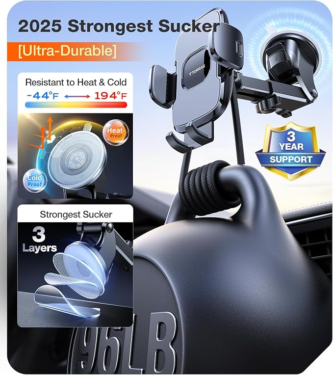 TORRAS Military-Grade Phone Holders for Your Car【96+LBS Strongest Suction】Car Phone Holder Mount, Ultra-Durable Cell Phone Car Mount Truck for Dashboard Windshield Vent for iPhone 17 16 15 Pro Max Air