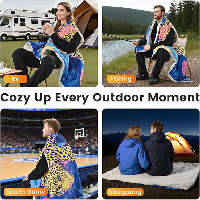 WOOMER Heated Blanket Battery Operated 50x70 Inches, 15000mAh Cordless Electric Blanket with 3 Heat Settings, Waterproof Portable Rechargeable Heating Blanket for Outdoor Camping Travel, Cheetah
