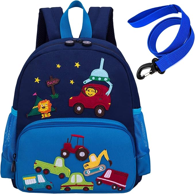 willikiva Cute Zoo Little 3d Backpack Kids Backpack for Boys and Girls Toddler Backpack Waterproof Preschool Safety Harness Leash (Blue Car Small Size,Age 1-2)