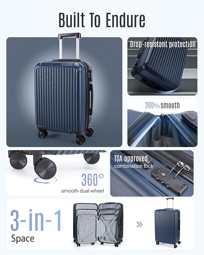 LIGHT FLIGHT Carry On Luggage 22x14x9 Airline Approved, Durable Hard Shell Carry On Suitcases with Wheels, Expandable Hardside Lightweight Travel Luggage with TSA Lock 20 Inch Carry on, Dark Blue