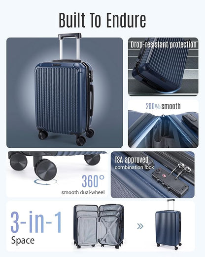 LIGHT FLIGHT Carry On Luggage 22x14x9 Airline Approved, Durable Hard Shell Carry On Suitcases with Wheels, Expandable Hardside Lightweight Travel Luggage with TSA Lock 20 Inch Carry on, Dark Blue