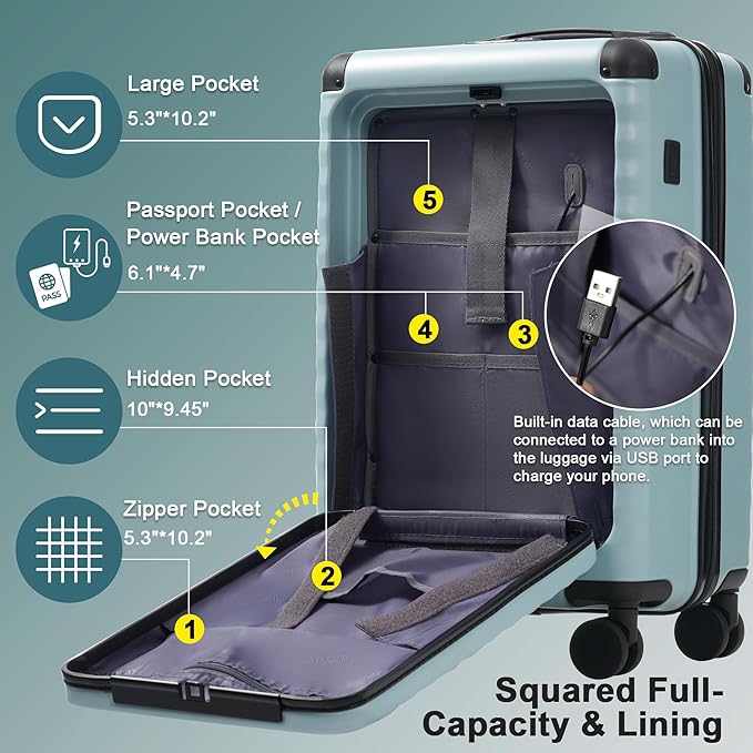 Merax Luggage Sets Front Opening, 3 Piece Hardshell Suitcase with Spinner Wheels and Bags,Lightweight Carry on Luggage with USB Port and Cup Holder,20+24+28,Light Blue