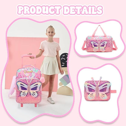 Kids Pink Butterfly Luggage with Wheels Suitcases Travel Softside Suitcases 16" Carry on Suitcase with Duffle Bag Luggage Sets Airline Approved