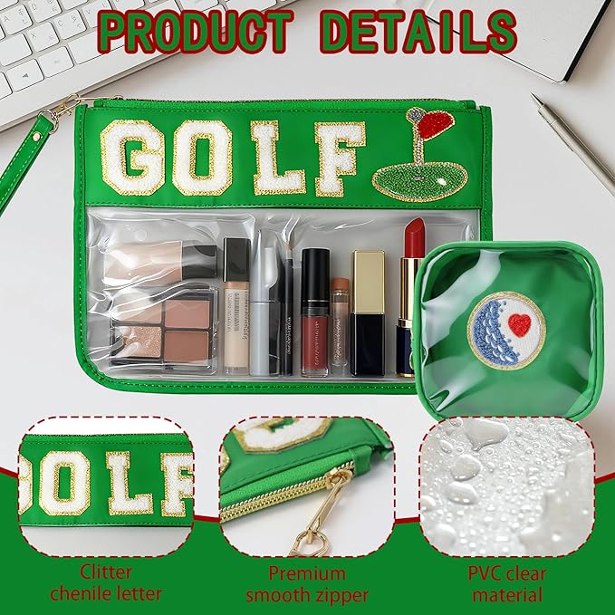 2 Pcs Golf Gifts Makeup Bag with Chenille Letter Patch,with Handles Golf PVC Waterproof Clear Makeup Bag,Portable Toiletry Storage Bag,Players & Fans Birthday, Team or Sports Lover Presents
