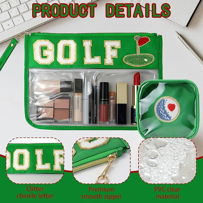 2 Pcs Golf Gifts Makeup Bag with Chenille Letter Patch,with Handles Golf PVC Waterproof Clear Makeup Bag,Portable Toiletry Storage Bag,Players & Fans Birthday, Team or Sports Lover Presents