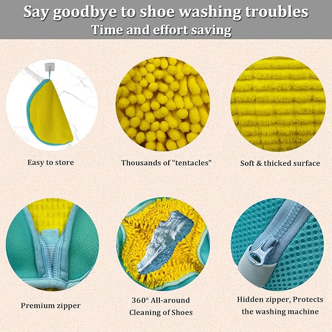 Laundry Shoe Bag, 2PCS Reusable Durable Zipper Shoe Bag for Washing Machine, Sneaker Tennis Shoe Washing Bag for Washer and Dryer, 360° All-Round Cleaning,for All Shoe Types and Sizes (Yellow)