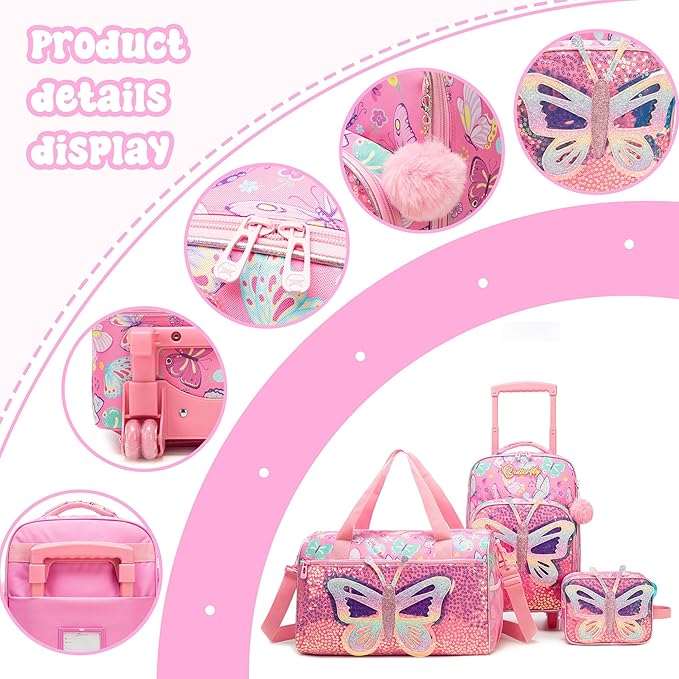 Kids Pink Butterfly Luggage with Wheels Suitcases Travel Softside Suitcases 16" Carry on Suitcase with Duffle Bag Luggage Sets Airline Approved