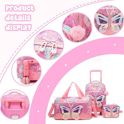 Kids Pink Butterfly Luggage with Wheels Suitcases Travel Softside Suitcases 16" Carry on Suitcase with Duffle Bag Luggage Sets Airline Approved