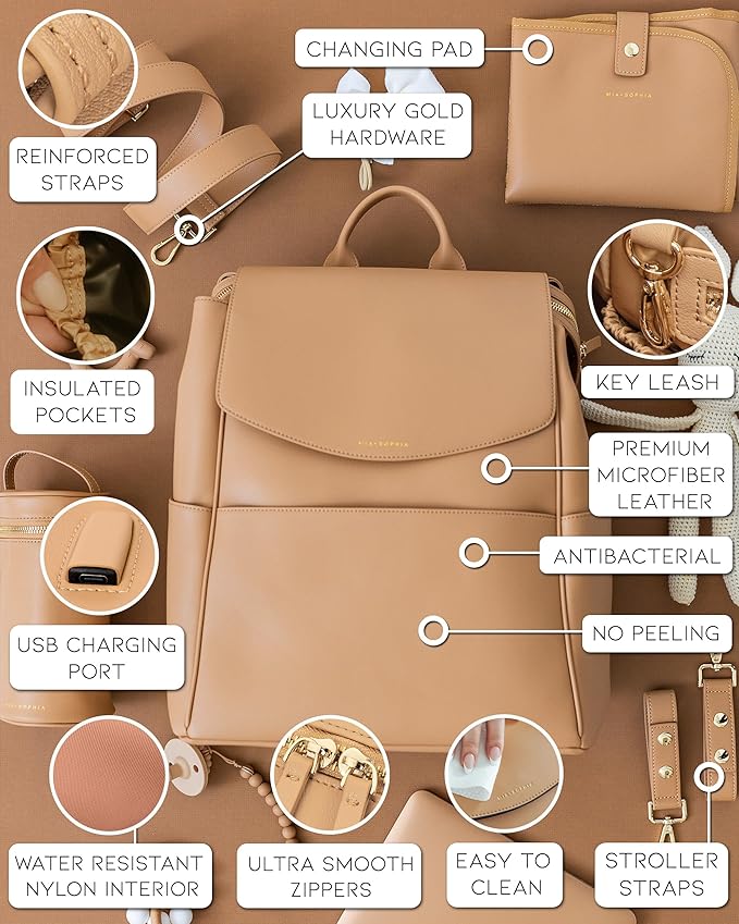 MIA + SOPHIA Leather Diaper Bag Backpack with USB Charging port, Changing Pad, Stroller Straps (Brown Olivia)