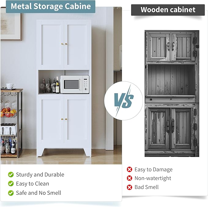69" Tall Metal Kitchen Pantry Storage Cabinet with Microwave Stand | White | Modern Freestanding Food Buffet Cabinet | Kitchen Hutch | Coffee Bar Hutch for Dining & Living Room
