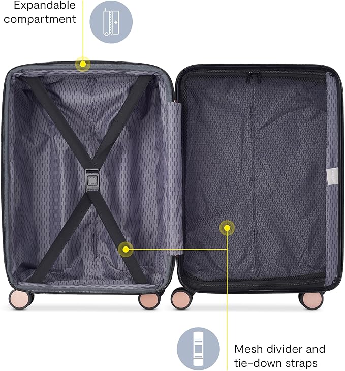 DELSEY PARIS Alexis Durable Luggage, Expandable Lightweight 4-Wheel Spinner, Easy Grip Telescoping Handle for Smooth Mobility, TSA-Lock Incorporated, Men and Women, Black/Rose Gold, Carry-On 21-Inch