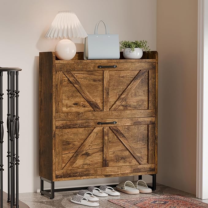 Betterhood Entryway Shoe Cabinet with 2 Flip Drawers, Slim Shoe Rack Cabinet, Freestanding Hidden Shoe Organizer Cabinet with Metal Legs, Shoe Cabniet for Entryway with Storage, Hallway, Foyer, Brown