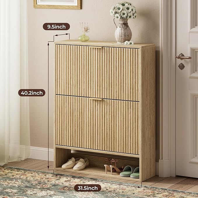 Evermagin 31.5''W Oak Shoe Cabinet Storage for Entryway, Fluted Slim Shoe Dresser with 2 Flip Drawers, Narrow Shoe Rack Cabinet, Hidden Shoe Organizer Cabinet for Entrance, Hallway