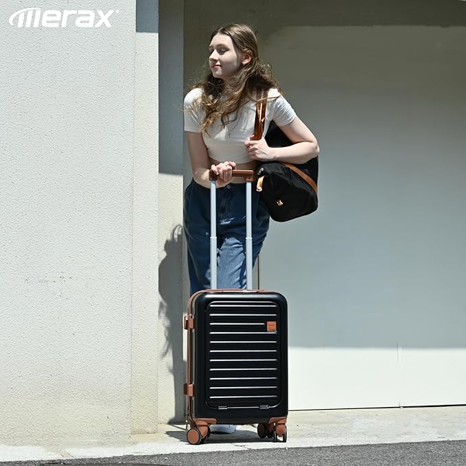 Merax 4-Piece Luggage Sets with USB Charging Ports 20/28Inch Checked Suitcase with TSA Lock Travel Duffel Bag Wet-Dry Toiletry Bag, black and brown