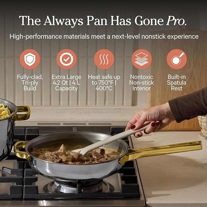 Our Place Large Titanium Always Pan Pro | 12.5" PFAS-Free Nonstick Frying Pan with Spatula | Chef-Grade Tri-Ply Stainless Steel & Aluminum Build | Induction & Oven-Safe up to 750°F | Gold