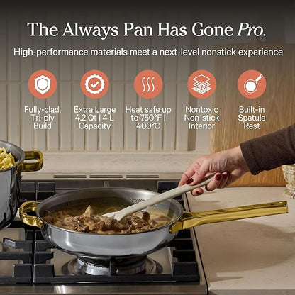 Our Place Large Titanium Always Pan Pro | 12.5" PFAS-Free Nonstick Frying Pan with Spatula | Chef-Grade Tri-Ply Stainless Steel & Aluminum Build | Induction & Oven-Safe up to 750°F | Gold
