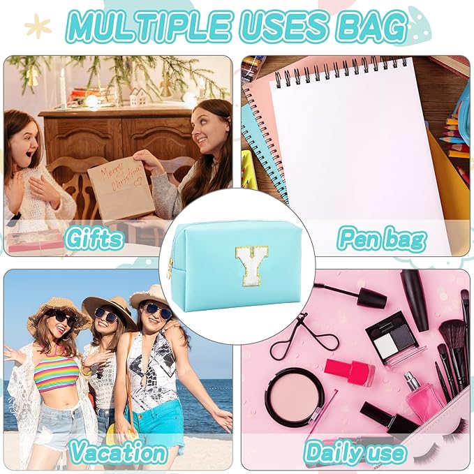 Gifts for Girls Initial Makeup Bag Personalized Cosmetic Bag with Zipper Cute Travel Toiletry Bag Waterproof PU Preppy Makeup Pouch Birthday Gift for Teen Girls Women(Blue Y)