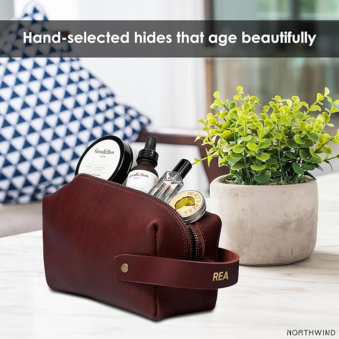 Northwind Personalized Leather Toiletry Bag – Full Grain Leather Dopp Kit for Men & Women – Handmade in the USA – Custom Debossed Engraved Initials, Travel Toiletry Bag for Gifts & Grooming Essentials
