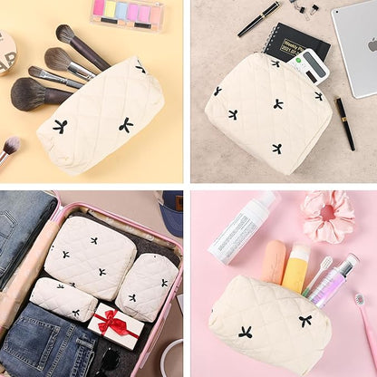 Quilted Makeup Bag Set,3 Pcs Puffy Cosmetic Bags Aesthetic Make Up Bags,Small Zipper Pouch,Travel Toiletry Bag Purse Organizer Pouches for Women (White-Bow)