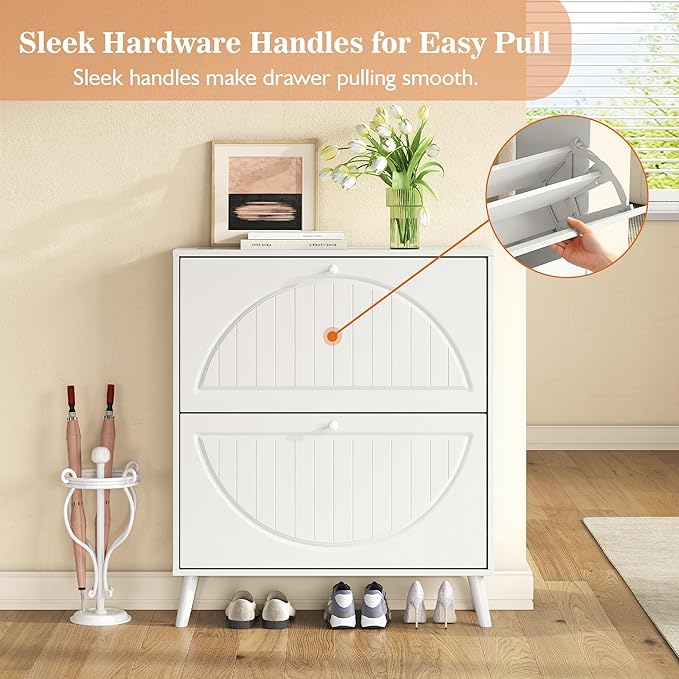 Slim Shoe Cabinet with 2 Flip Drawer,Modern White Shoe Organizer with Adjustable Shelves, Stylish Narrow Shoe Cabinet Storage for Entryway Hallway Bedroom Living Room