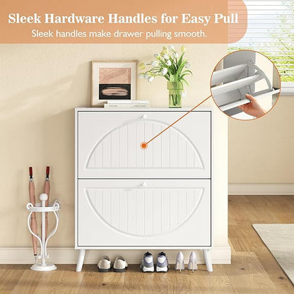 Slim Shoe Cabinet with 2 Flip Drawer,Modern White Shoe Organizer with Adjustable Shelves, Stylish Narrow Shoe Cabinet Storage for Entryway Hallway Bedroom Living Room
