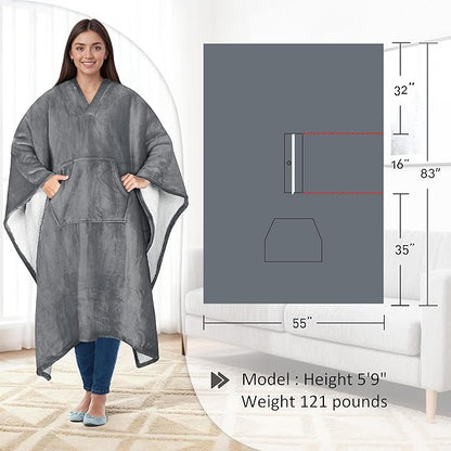 Catalonia Sherpa Wearable Poncho for Adult Women Men, Wrap Blanket Cape with Pocket, Warm, Soft, Cozy, Snuggly, Comfort Gift, No Sleeves, Grey