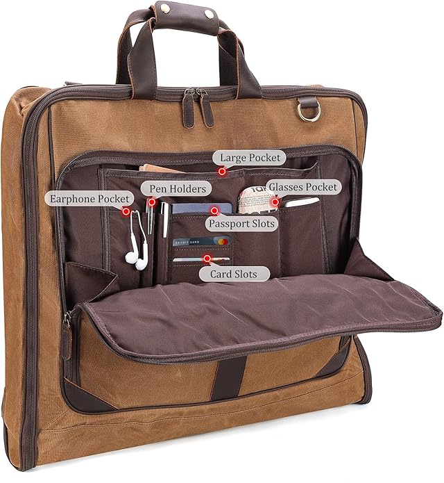 Polare Waxed Canvas Full Grain Leather Trim Garment Carry on Bag for Business Travel, Waterproof Hanging Suit Luggage Bag Wrinkle-Free Suit Cover with YKK Zipper and Shoulder Strap