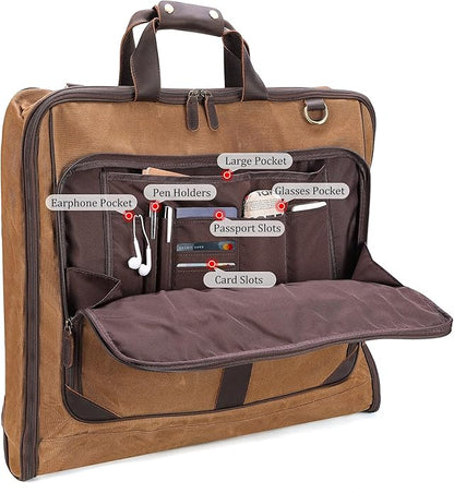Polare Waxed Canvas Full Grain Leather Trim Garment Carry on Bag for Business Travel, Waterproof Hanging Suit Luggage Bag Wrinkle-Free Suit Cover with YKK Zipper and Shoulder Strap
