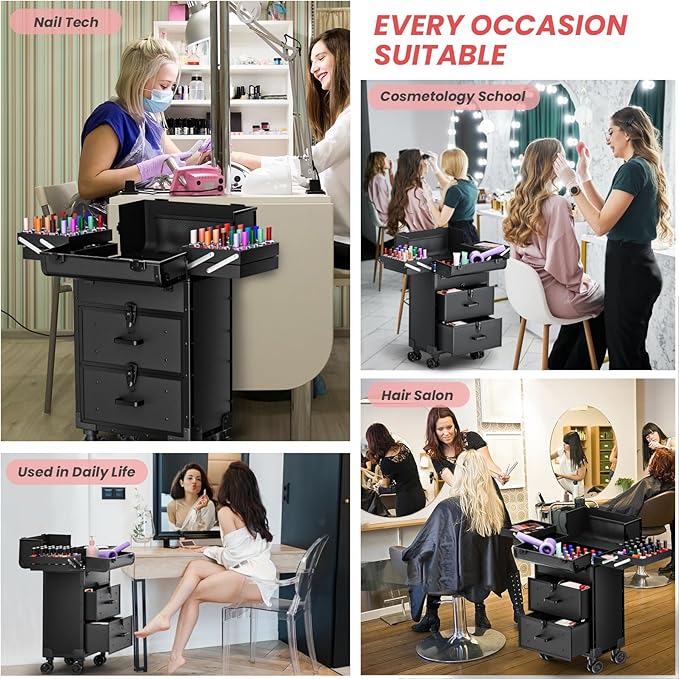 Large Rolling Makeup Train Case, Professional Travel Cosmetology Case on Wheels with Drawers, 3 Tiers Nail Organizers Storage Case for Nail Tech, Tattoo, Hairstylist, Makeup, Extra Large