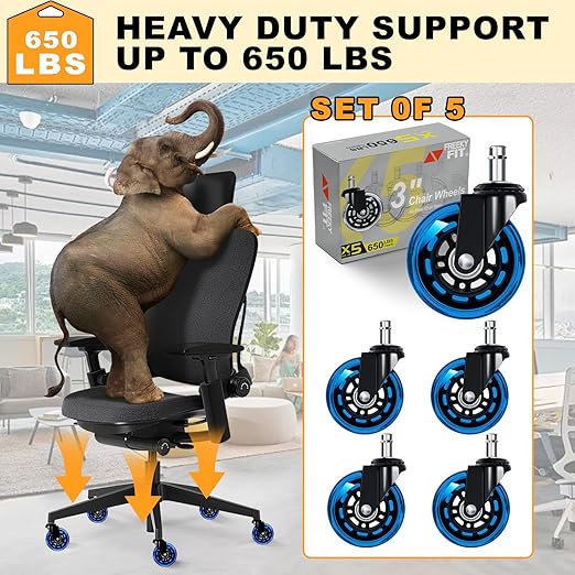 Office Chair Wheels for Casters Replacement - 3" Rubber Wheels for Computer Gaming Desk Caster Smooth & Safe Rolling for All Floors Including Hardwood and Carpet - Set of 5 - Blue