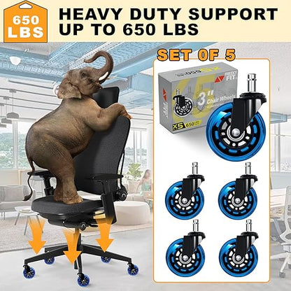 Office Chair Wheels for Casters Replacement - 3" Rubber Wheels for Computer Gaming Desk Caster Smooth & Safe Rolling for All Floors Including Hardwood and Carpet - Set of 5 - Blue