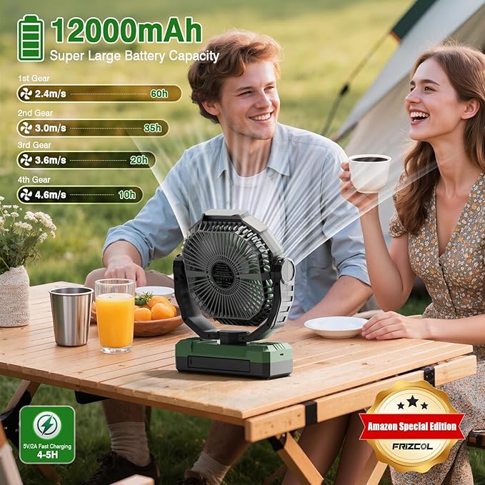 FRIZCOL 3-in-1 Camping Fan - Portable Fans Rechargeable - High Capacity Battery Powered Fan(60Hrs) with Light & Remote for Indoor Outdoor, Tent, Travel, Fishing, Jobsite, Gifts for Men Dad Him - Green