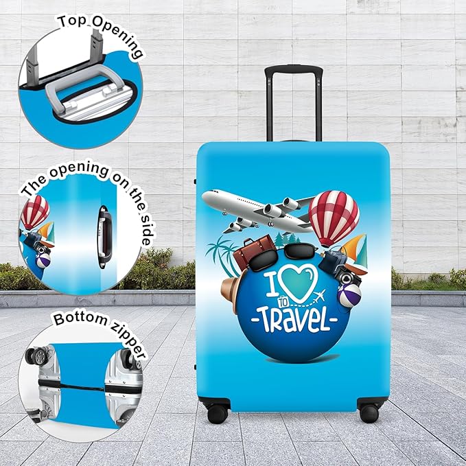"I Love to Travel" Luggage Cover Set, Adventure Themed Suitcase Protector with Passport Stamp Prints, Elastic Fit for 18-32 Inch Bags, Wanderlust Gifts for Couples