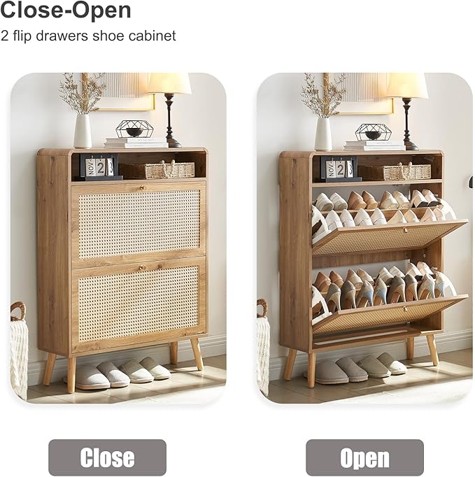 Rattan Shoe Cabinet with 2 Flip Drawers, 32 Pairs Narrow Shoe Storage Cabinet for Entryway Freestanding Hidden Shoe Rack, Modern Slim Wood Shoe Organizer for Hallway, Natural