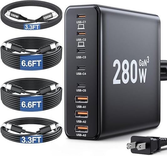 280W USB C Charger Block, 8-Port USB Charging Station GaN III PD 65W Laptop Charger Adapter (Bright Black)